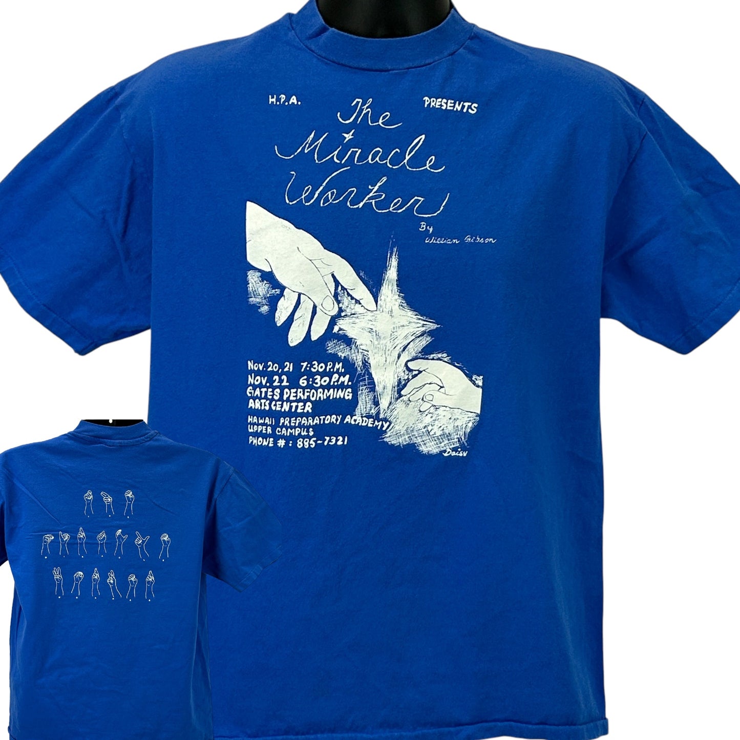 Blue Hanes T-Shirt featuring 'The Miracle Worker' graphic on front with detailed back design
