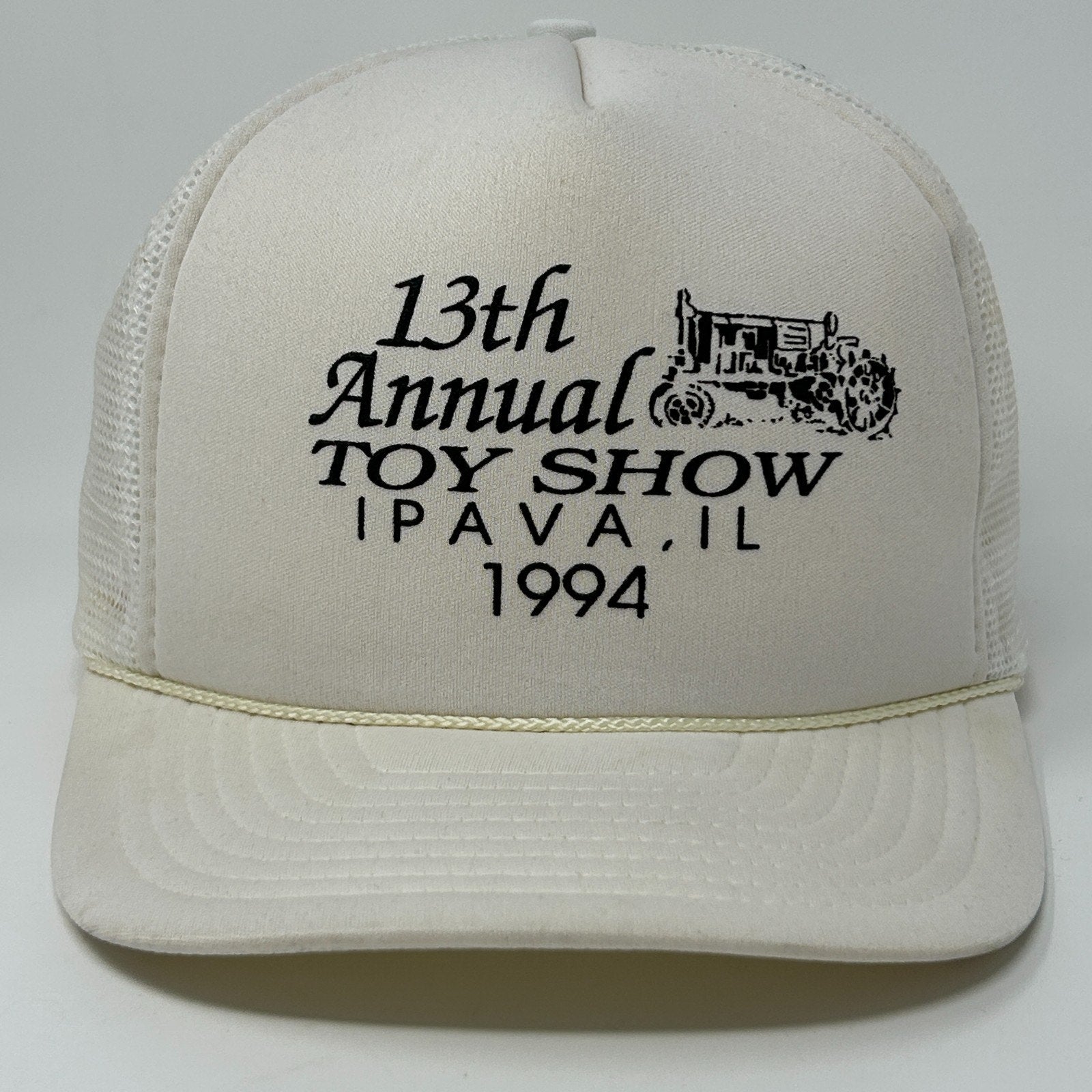 Vintage Trucker Hat in cream featuring 13th Annual Toy Show logo from 1994 on front panel