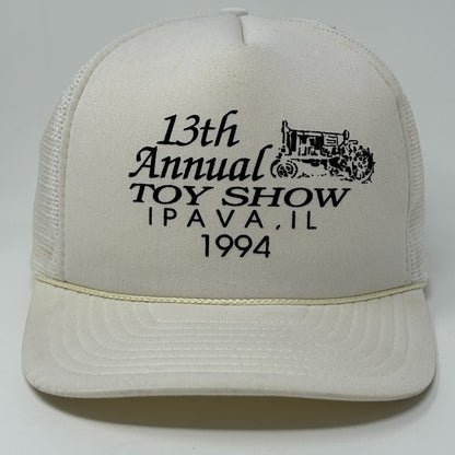 Vintage Trucker Hat in cream featuring 13th Annual Toy Show logo from 1994 on front panel
