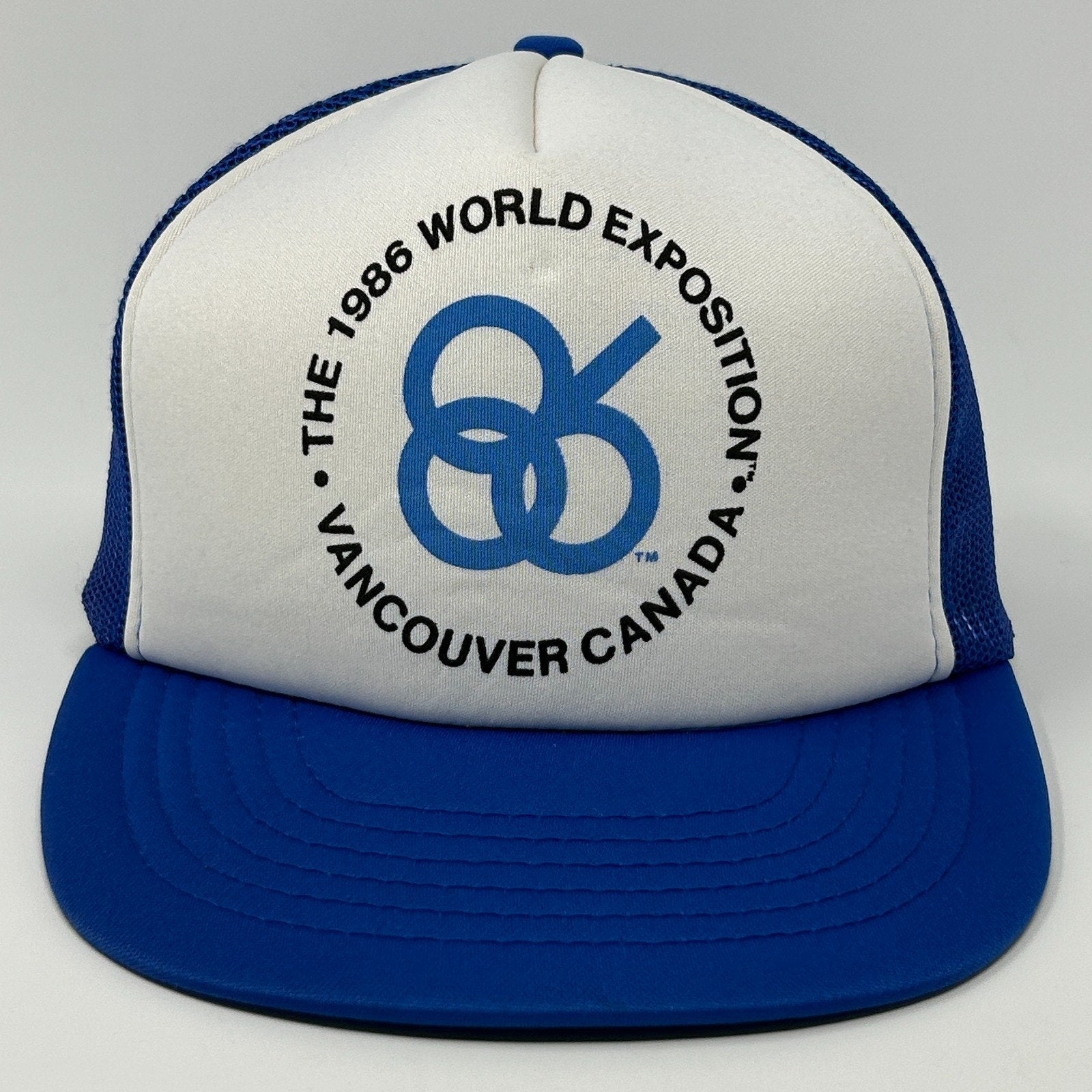 Vintage Trucker Hat in blue and white with 1986 World Exposition logo from Vancouver Canada