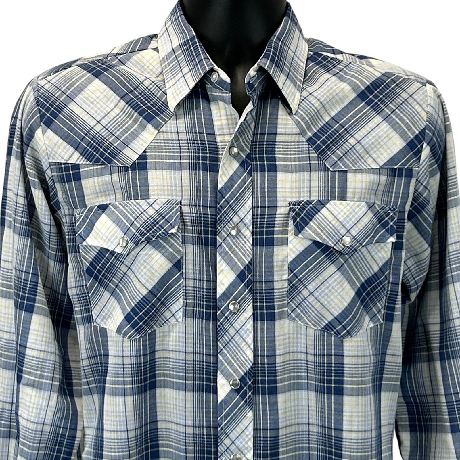 Saturdays Western Shirt in navy and plaid pattern, featuring button pockets and a front view.