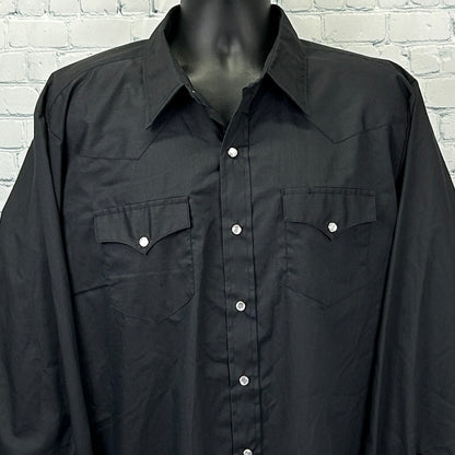 Black H Bar C Vintage Western Shirt, front view, featuring two chest pockets and snap buttons.