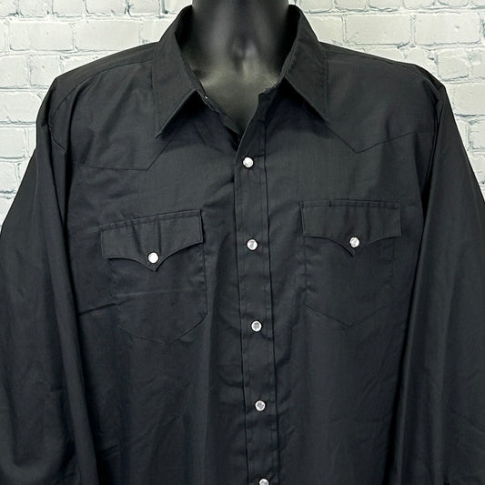 Black H Bar C Vintage Western Shirt, front view, featuring two chest pockets and snap buttons.