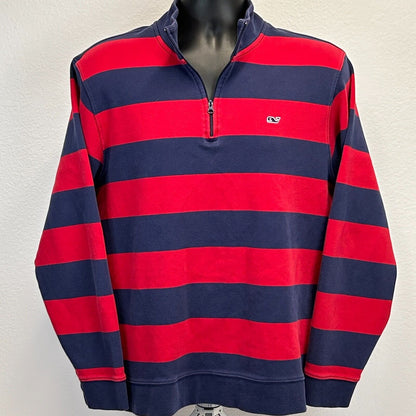 Vineyard Vines 1/4 Zip Sweater Mens Medium Logo Striped Long Sleeve Red Blue