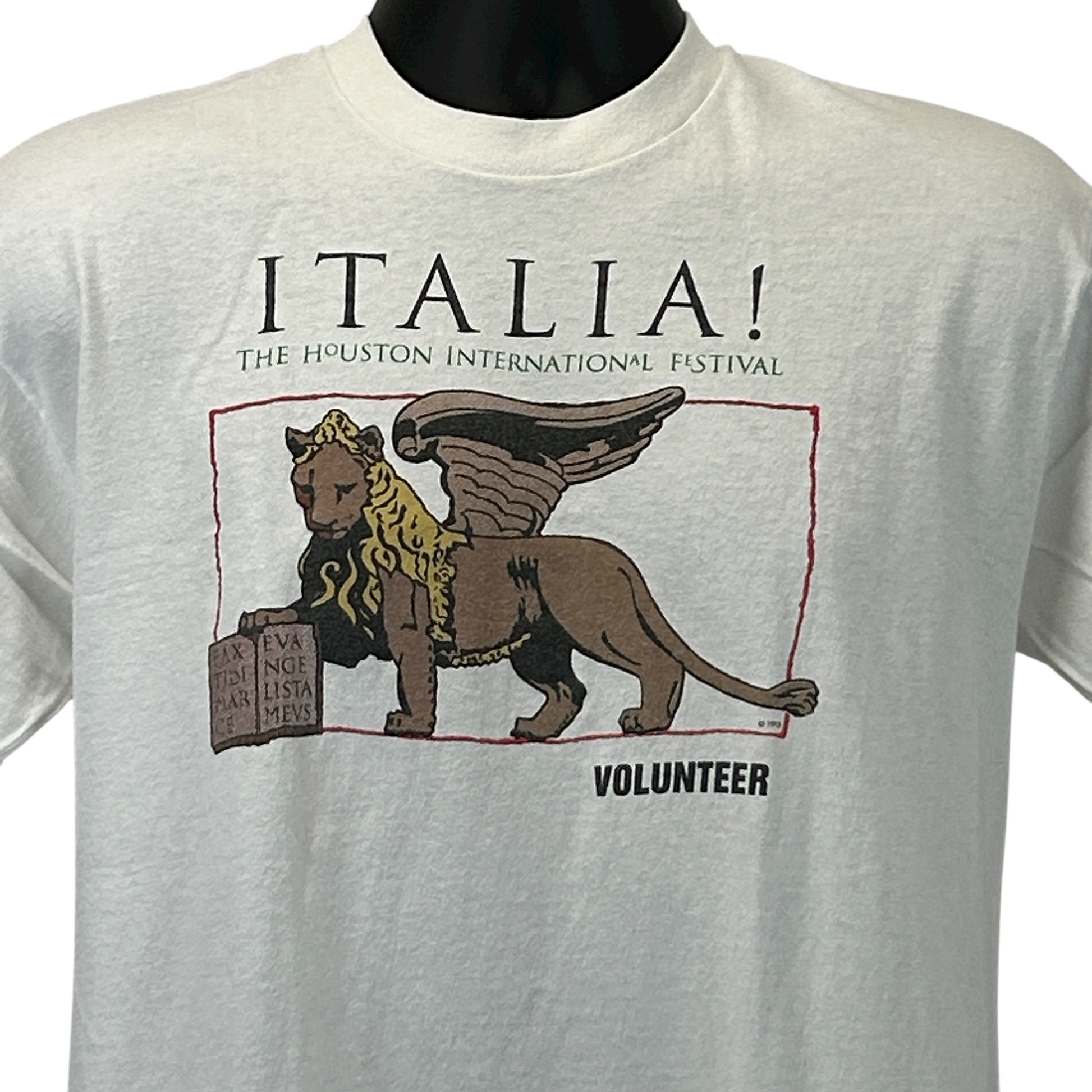 White Fruit of the Loom T-Shirt featuring Italia logo and lion design for Houston International Festival volunteers