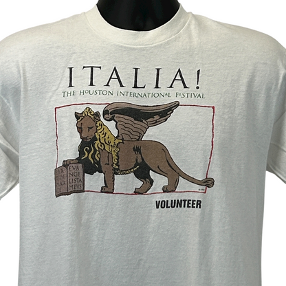 White Fruit of the Loom T-Shirt featuring Italia logo and lion design for Houston International Festival volunteers