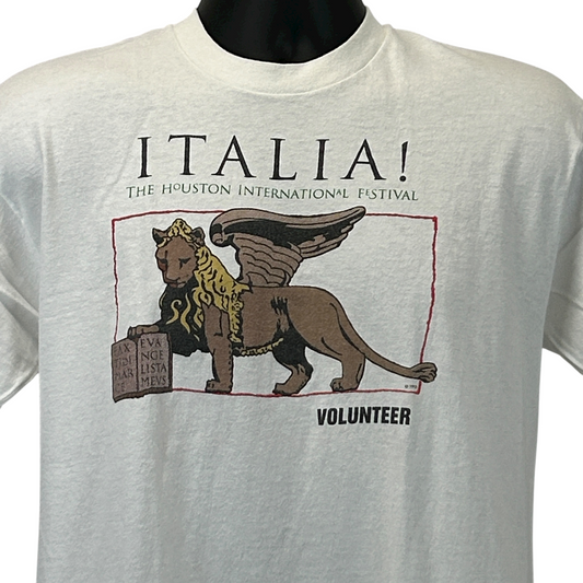 White Fruit of the Loom T-Shirt featuring Italia logo and lion design for Houston International Festival volunteers