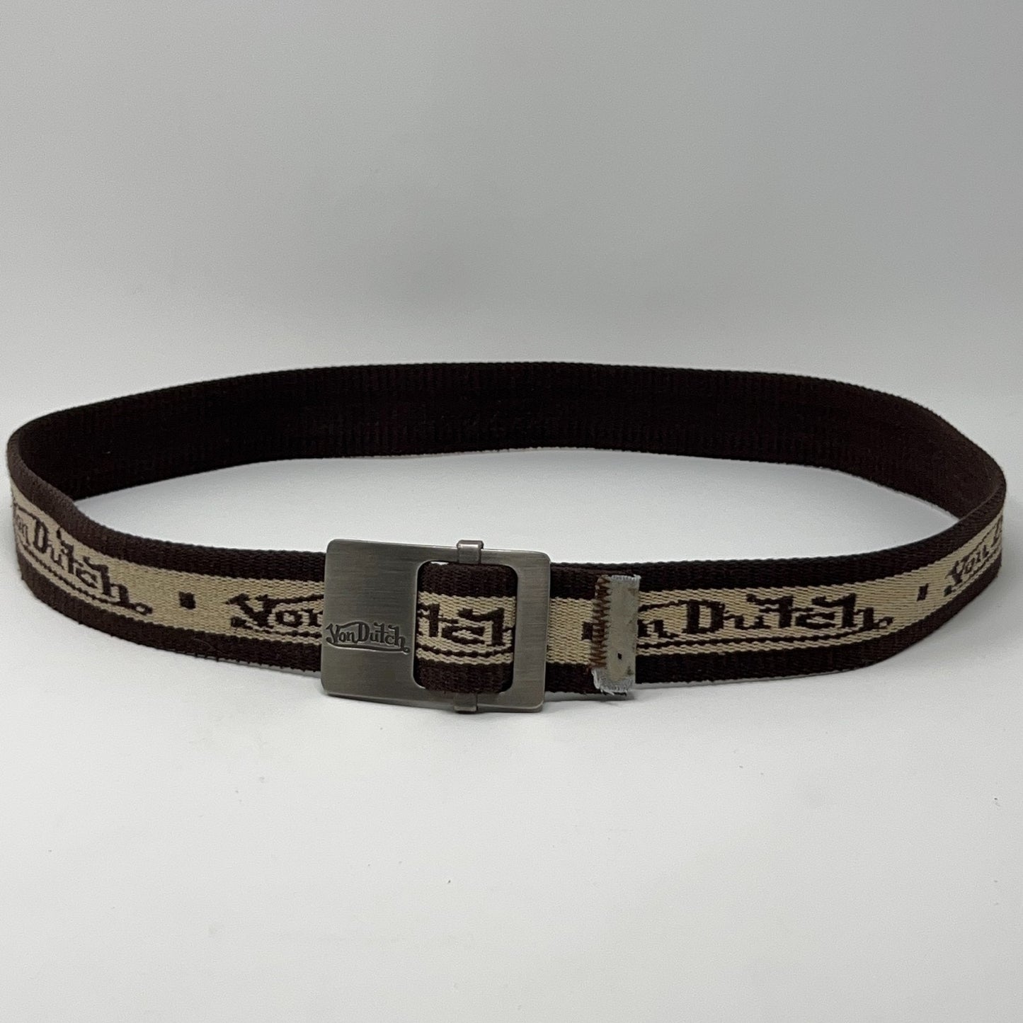 Von Dutch Belt in brown with logo detailing and a silver buckle, featuring a front view design