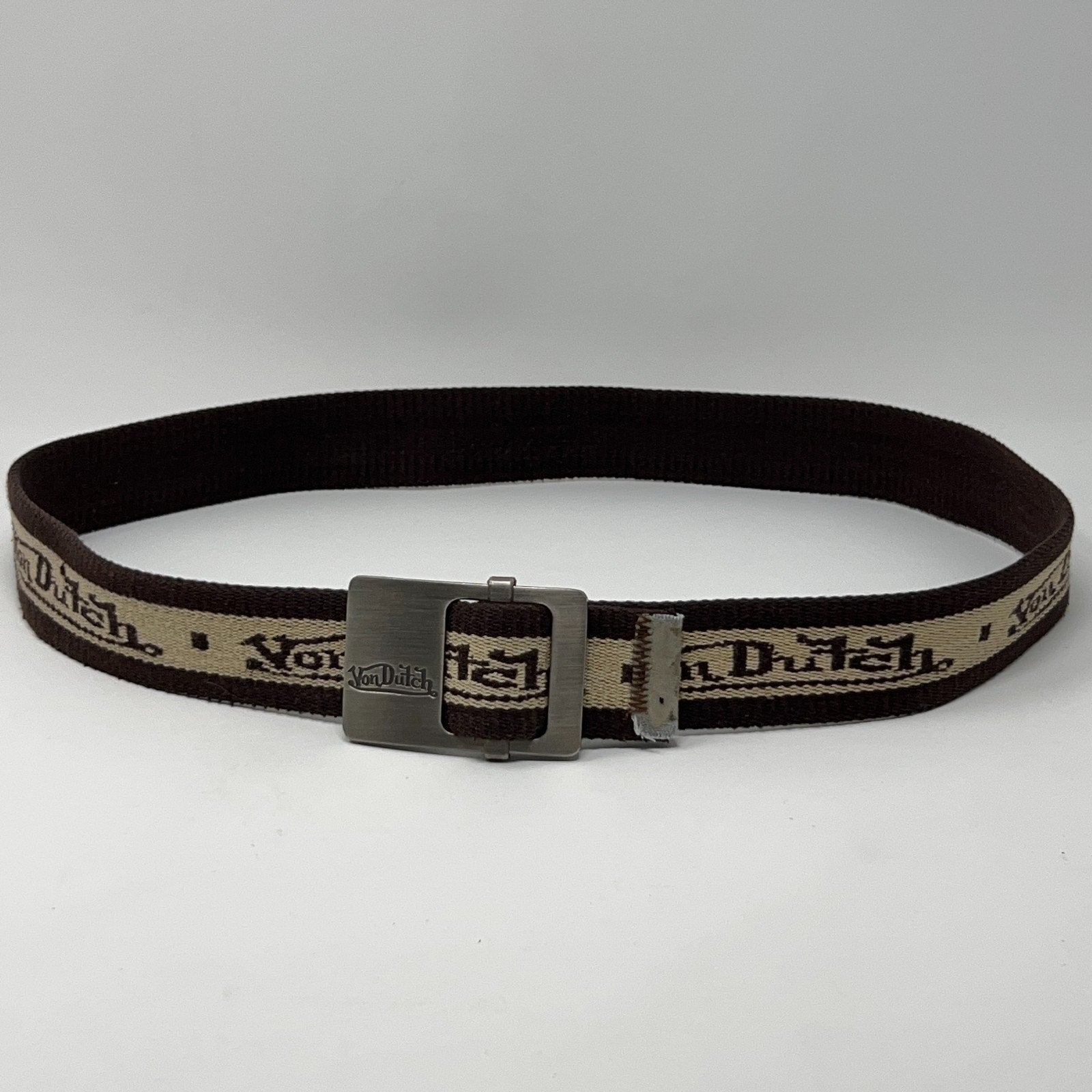 Von Dutch Belt in brown with logo detailing and a silver buckle, featuring a front view design
