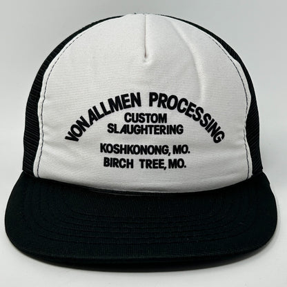 Front view of a Vintage Trucker Hat featuring a white and black design with custom logo text