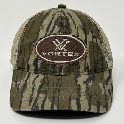 Tan and green camouflage Vortex Optics Hat featuring a logo patch on the front