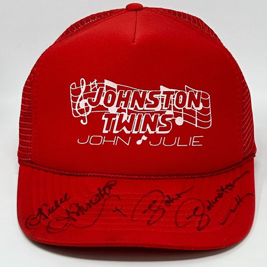 Vintage Johnston Twins John Julie Trucker Hat Baseball Cap Signed Snapback Red - Neon Vintage