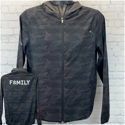 Vuori Jacket in black camo pattern, front view with logo on back, size medium