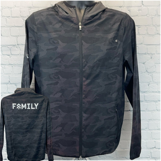 Vuori Jacket in black camo pattern, front view with logo on back, size medium