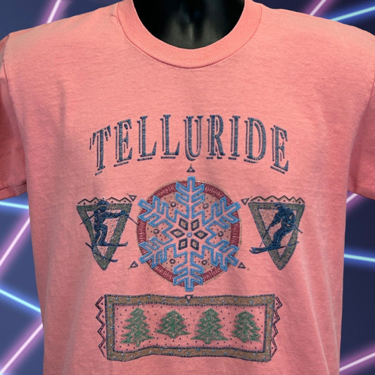 Vintage Ski Telluride Colorado T Shirt Mens Medium Skiing Skier Snowboarder Pink