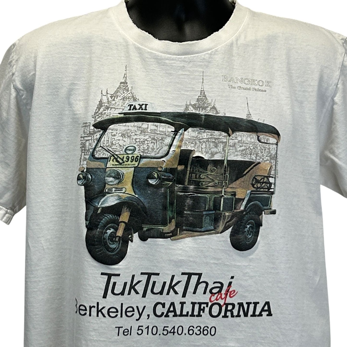 Vintage Distressed Tuk Tuk Thai Cafe T Shirt Mens Medium Berkeley Y2Ks Tee White