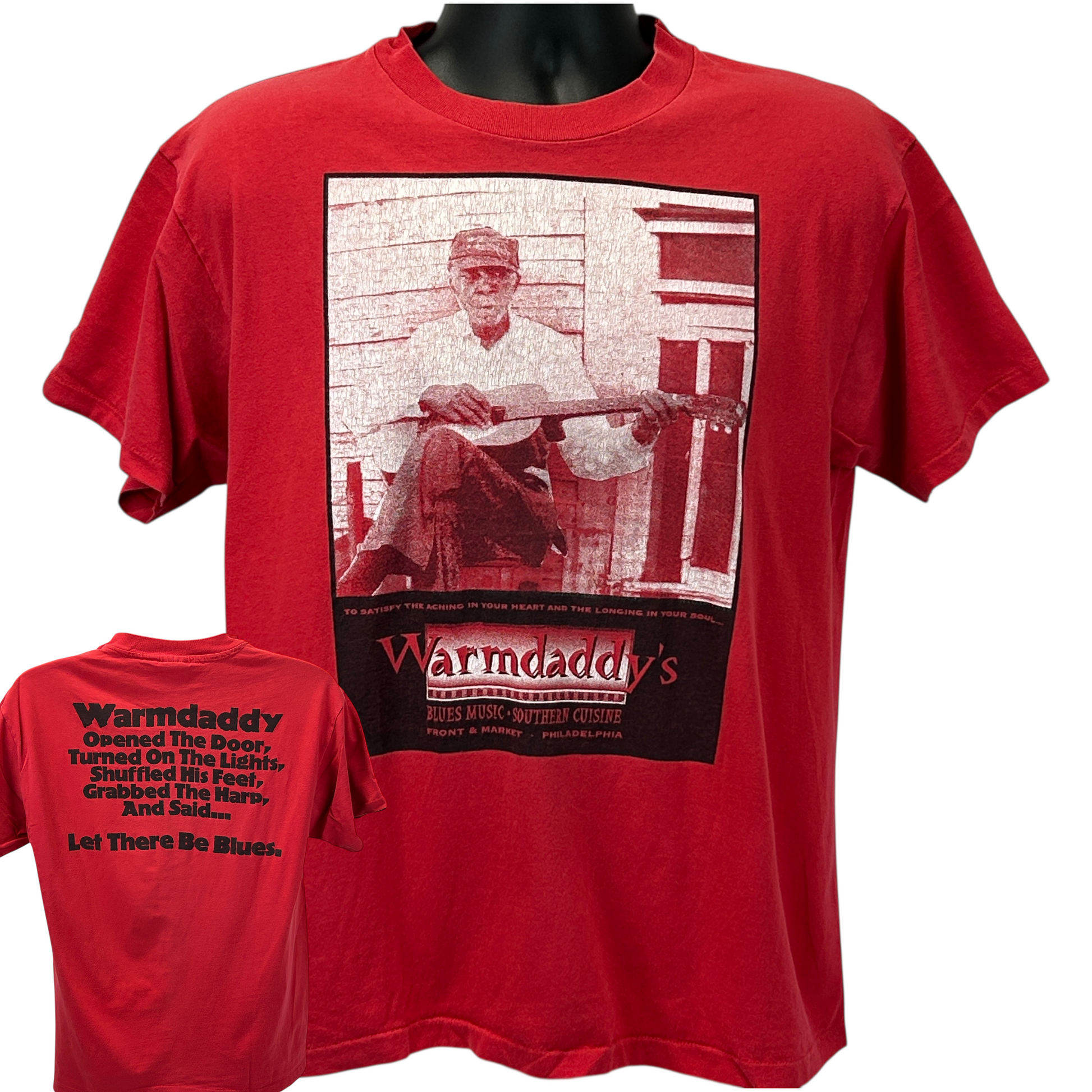 Red Hanes T-Shirt with Warmdaddys Philadelphia graphic, front view featuring musician and back text detail