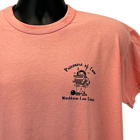 Front view of light coral Russell Athletic T-Shirt featuring 'Prisoners of Law' graphic and Washburn Law School logo
