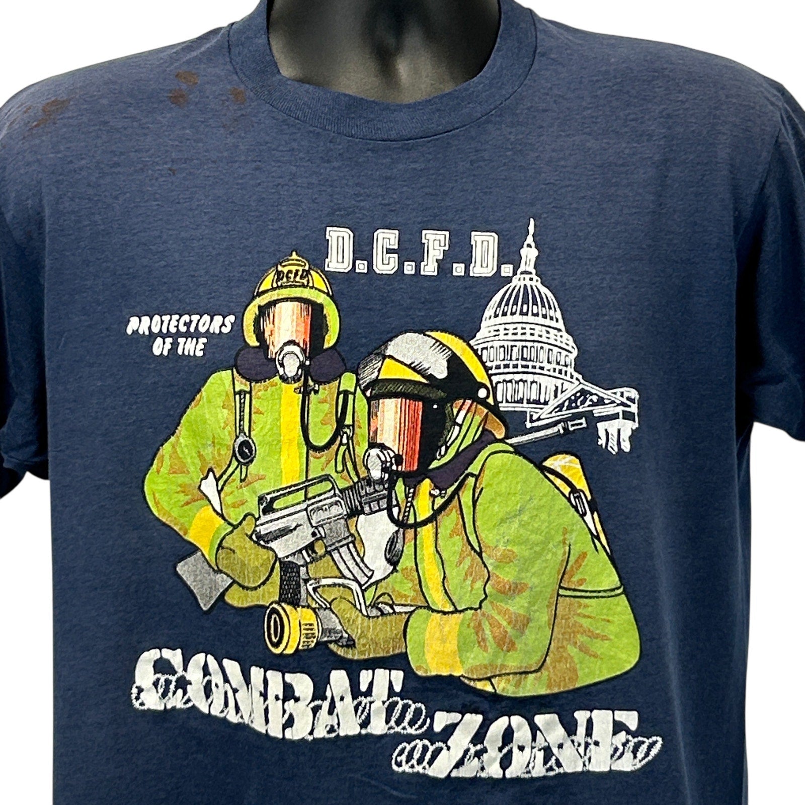 Navy vintage T-shirt featuring Washington DC Fire Department graphic with firefighters in gear on the front