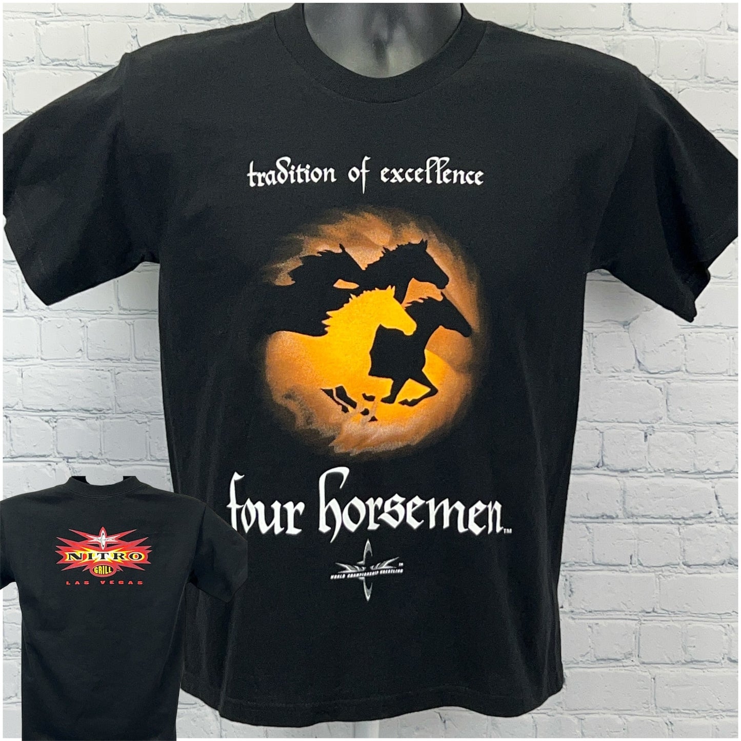 Front view of a black Vintage Four Horsemen WCW NWO T-shirt with vibrant graphics and logo detail