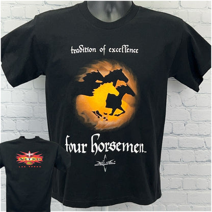 Front view of a black Vintage Four Horsemen WCW NWO T-shirt with vibrant graphics and logo detail