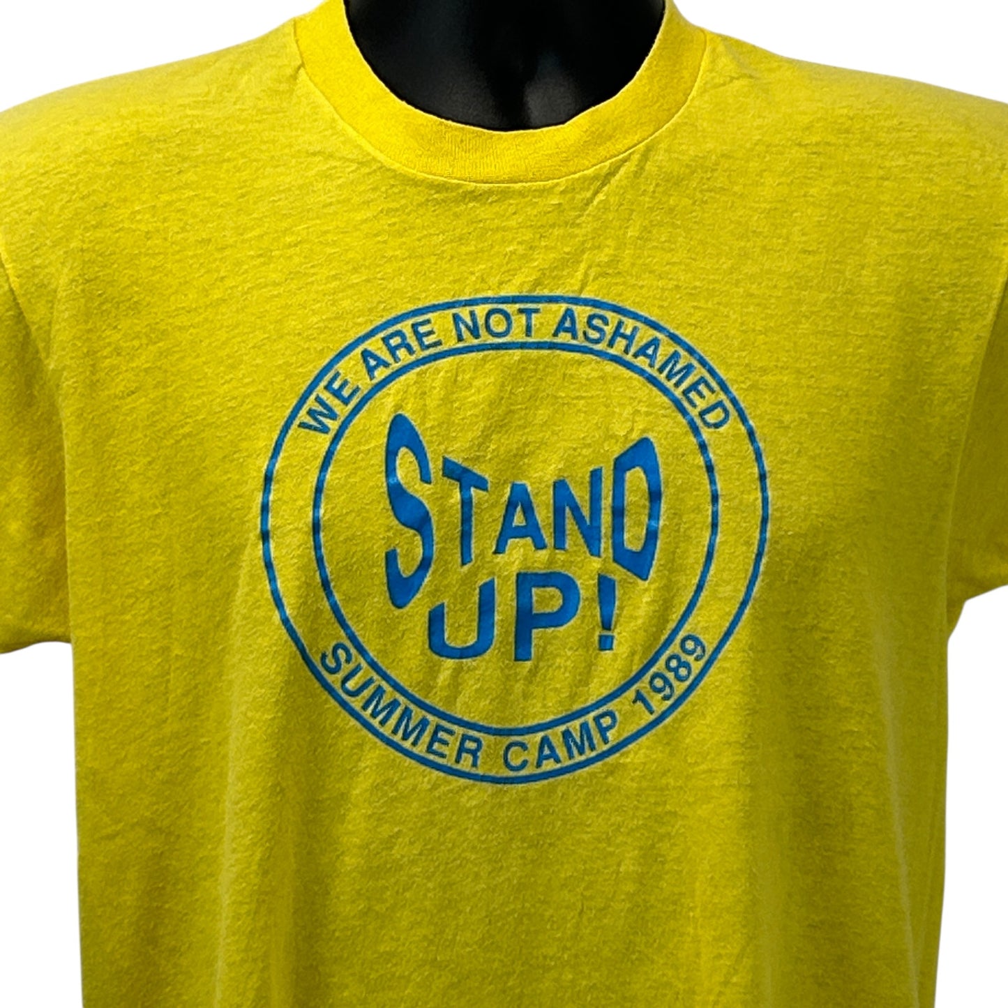 Yellow Vintage T-Shirt with 'We Are Not Ashamed Summer Camp' Graphic on the Front