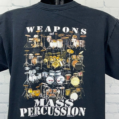 Vintage black t-shirt featuring detailed graphic of drum kits with 'Weapons of Mass Percussion' text.