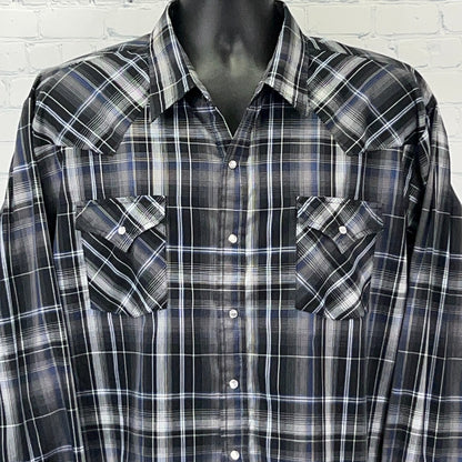 Ely Cattleman Men's Western Shirt in Black Plaid with Two Chest Pockets and Snap Buttons, Front View