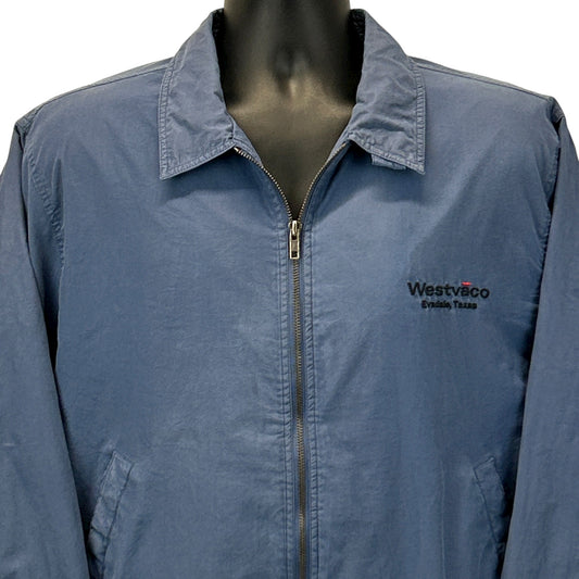 Blue Hartwell jacket with Westvaco logo, front view, featuring a zip closure and classic collar design