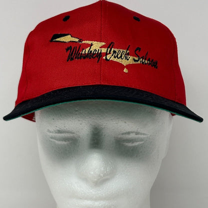 Red Vintage Whiskey Creek Saloon Hat with Black Bill and Embroidered Logo, Front View