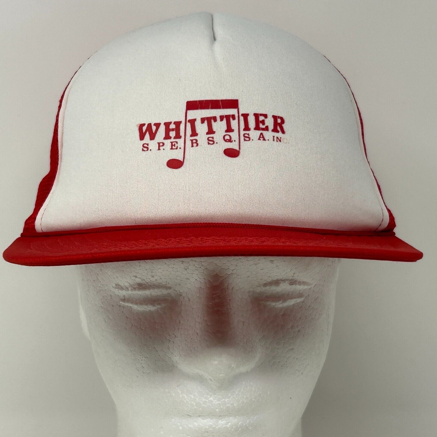 Vintage Barbershop Hat in Red and White with Whittier Logo, Front View