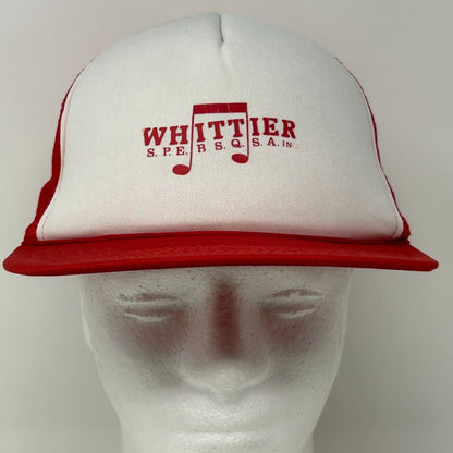 Vintage Barbershop Hat in Red and White with Whittier Logo, Front View