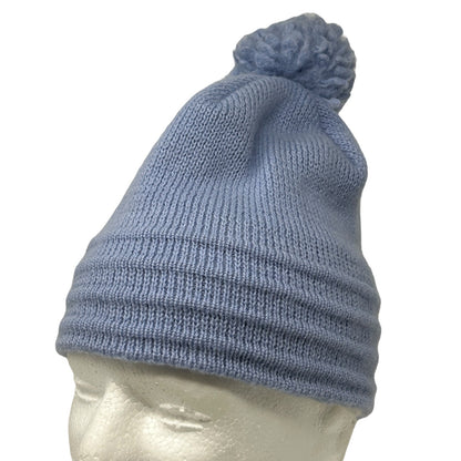 Wigwam light blue knit beanie hat with pom pom on top, front view, casual winter accessory