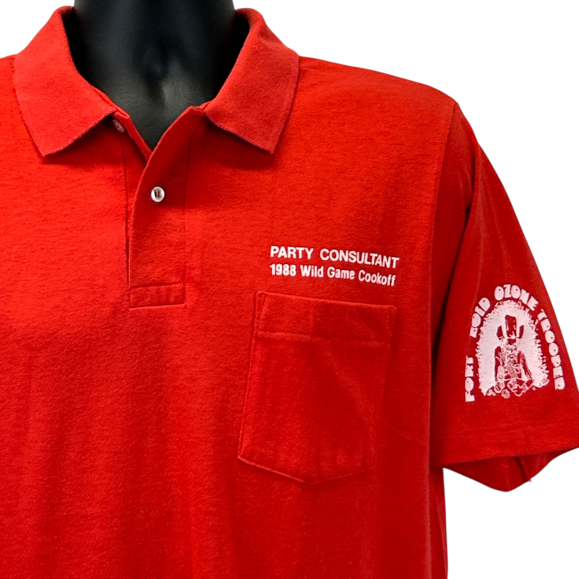 Red Hanes Polo Shirt featuring Wild Game 1988 Cookoff logo on the front and sleeve, size medium