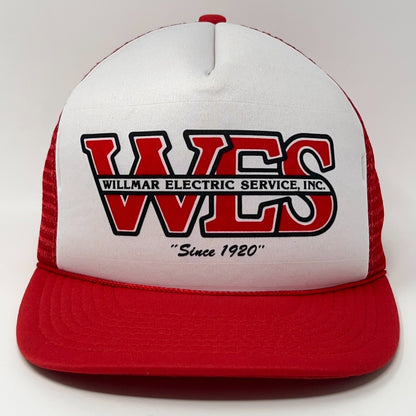 Red and white vintage trucker cap hat featuring WES logo and slogan since 1920 in front view