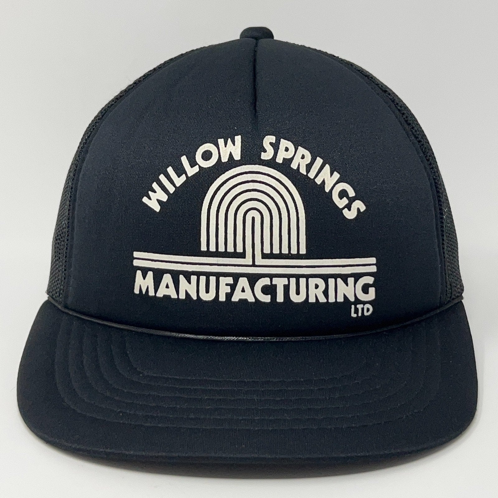 Vintage Willow Springs Trucker Cap Hat in Black, Front View, Classic Style