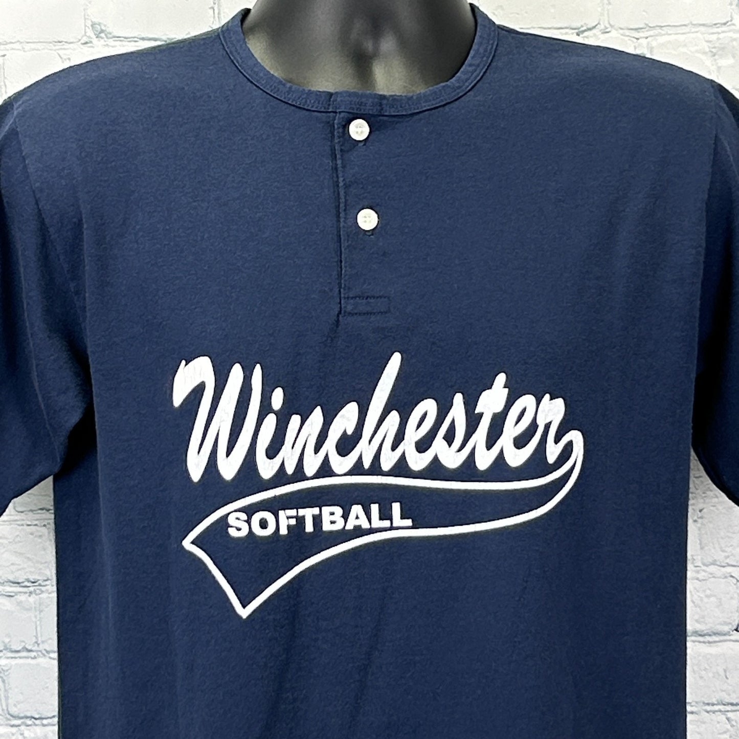 Navy Vintage T Shirt featuring Winchester Softball logo on the front, size medium with a classic Henley design