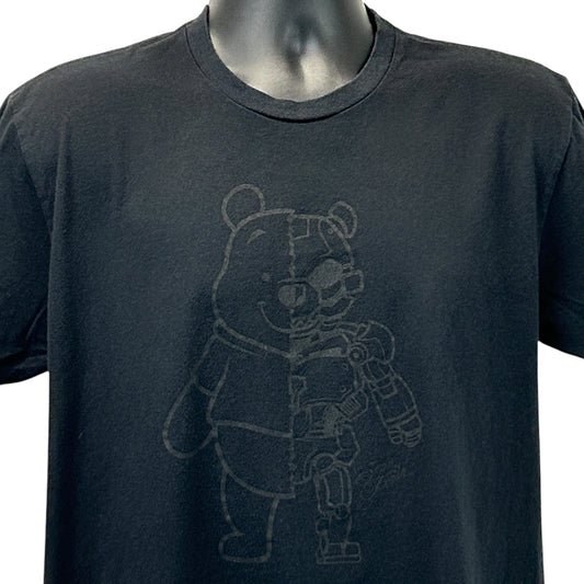 Front view of black Super Fresh T-Shirt featuring a unique Winnie The Pooh graphic blend with robot design