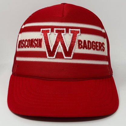 Front view of red Wisconsin Badgers Hat featuring embroidered logo and striped design
