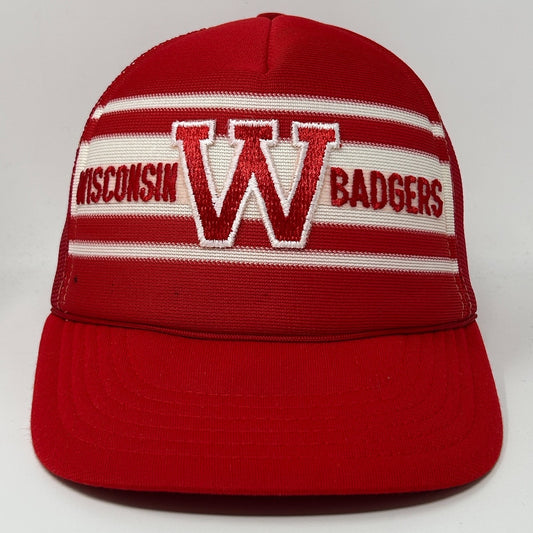 Front view of red Wisconsin Badgers Hat featuring embroidered logo and striped design