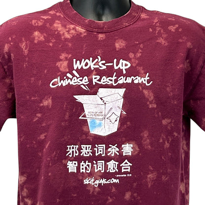 Gildan Christian T-Shirt in maroon with a Wok's Up Chinese Restaurant graphic on the front