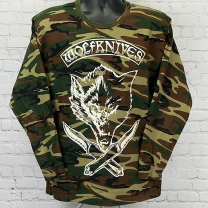 Camo Wolfknives Sweatshirt featuring a wolf graphic and crossed knives, front view