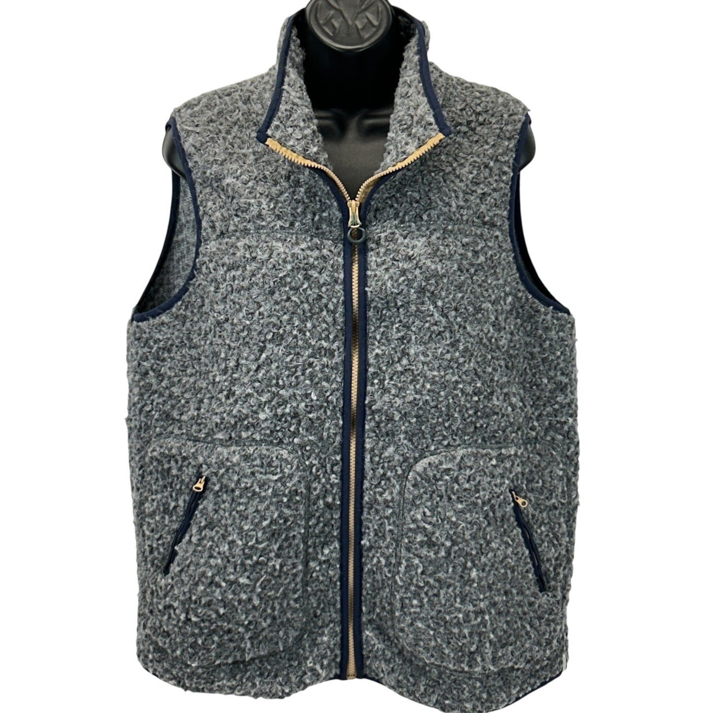 Woolrich Gray Fleece Vest in Large Size, Front View with Two Zip Pockets and Contrast Trim