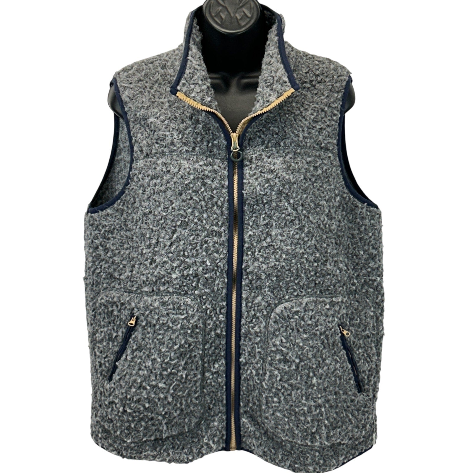 Woolrich Gray Fleece Vest in Large Size, Front View with Two Zip Pockets and Contrast Trim