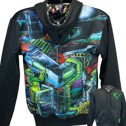 Official Genius black hoodie featuring World Series of Glass graphic print, front view with vibrant colors