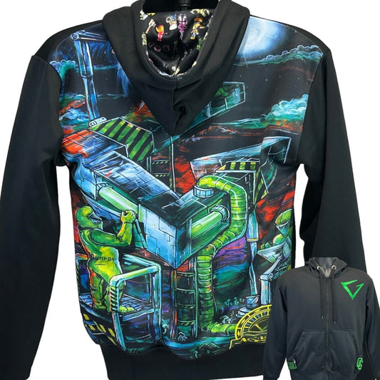 Official Genius black hoodie featuring World Series of Glass graphic print, front view with vibrant colors