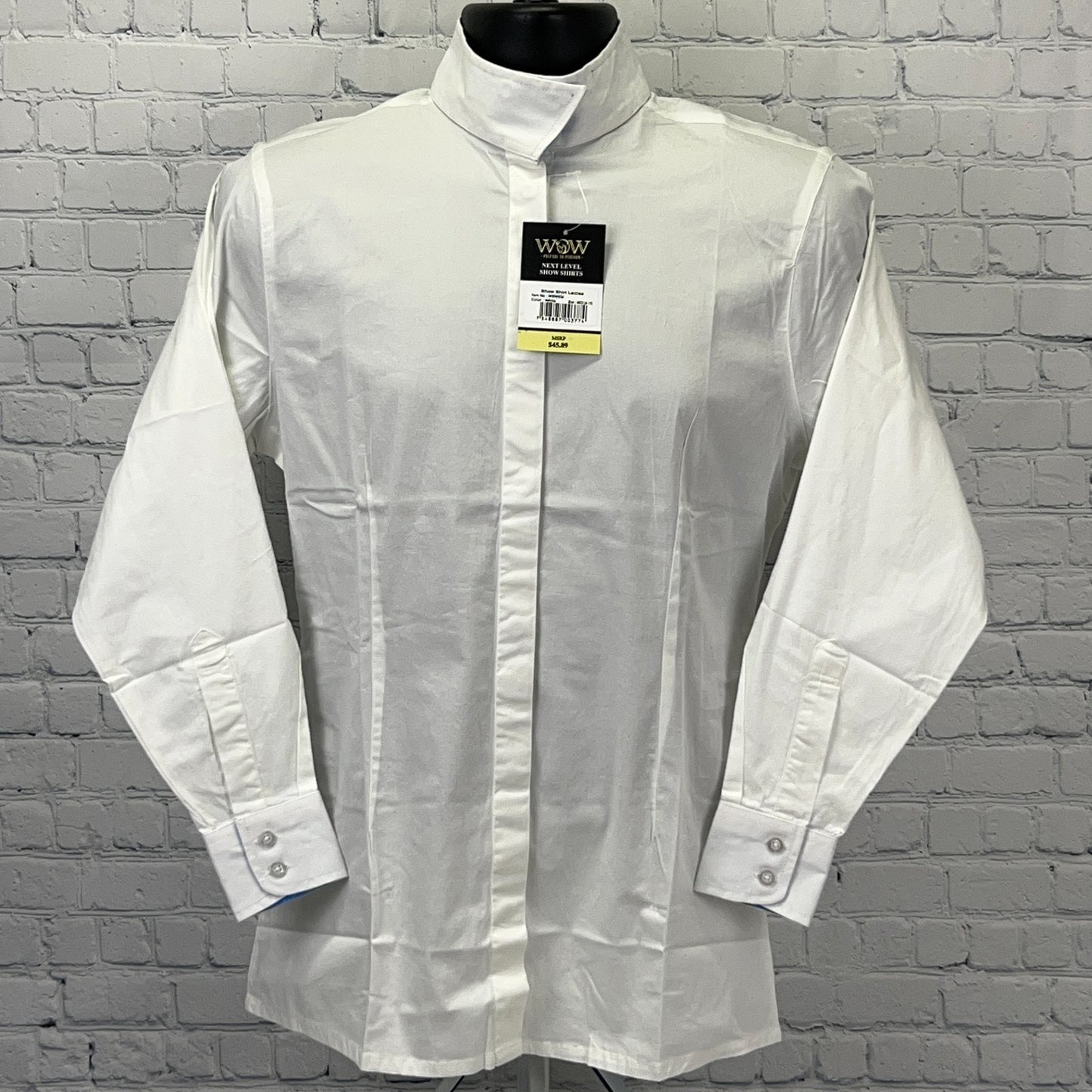 WOW White Show Shirt in Size Medium with Front Button Placket and Long Sleeves
