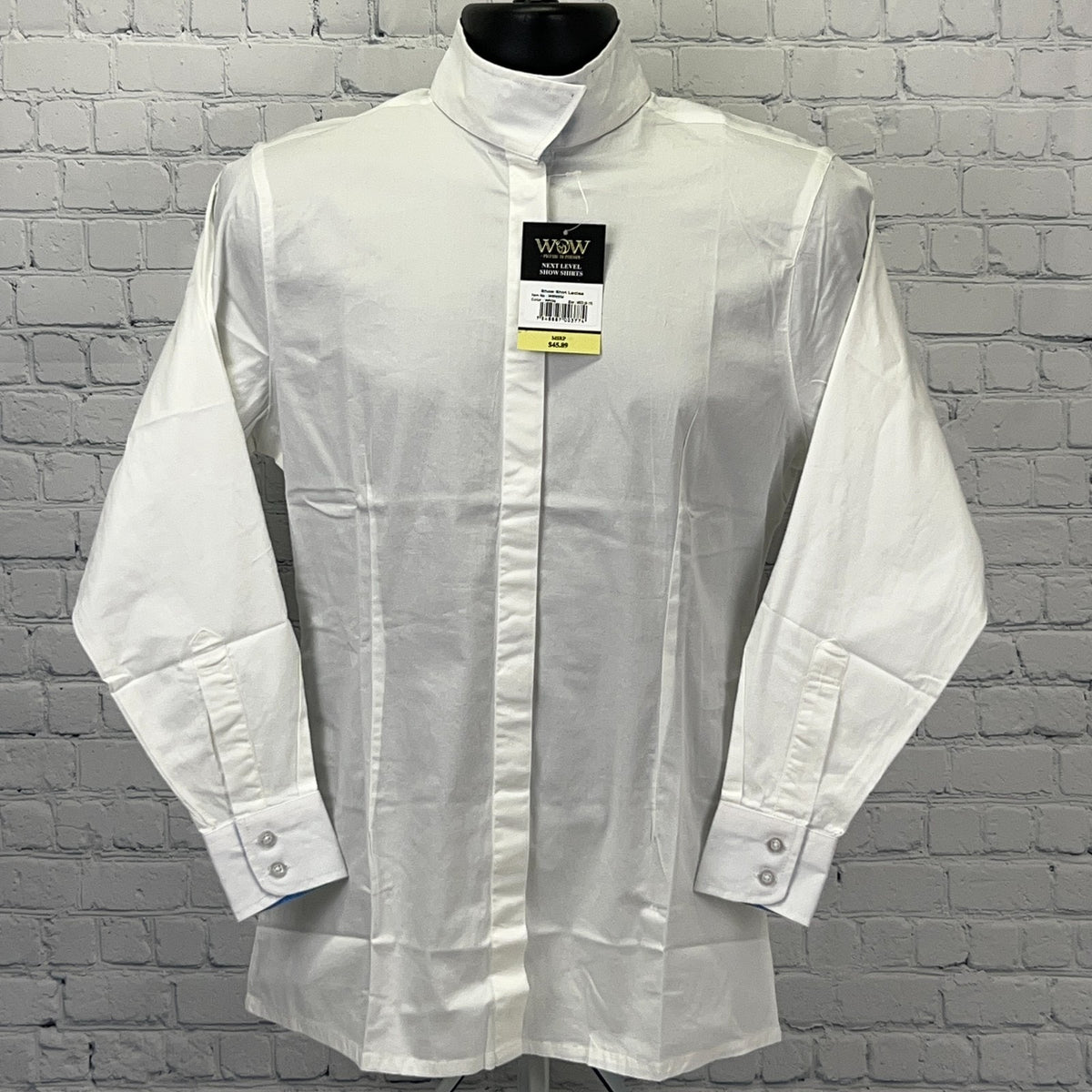 WOW White Show Shirt in Size Medium with Front Button Placket and Long Sleeves