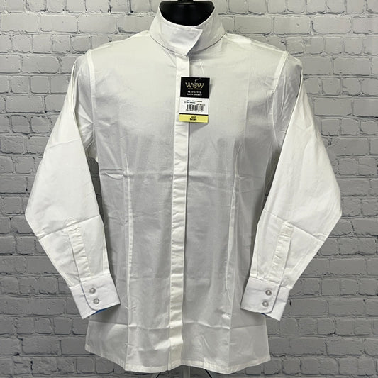 WOW White Show Shirt in Size Medium with Front Button Placket and Long Sleeves