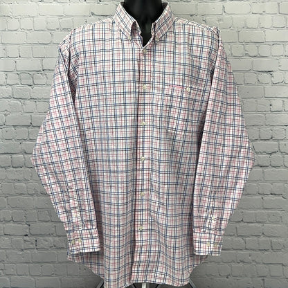 Front view of a Wrangler plaid long-sleeve shirt in red, blue, and white with a button-down collar
